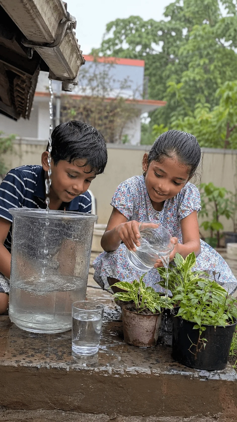 Children collecting rainwater and using it to water garden plants during a rainwater harvesting experiment