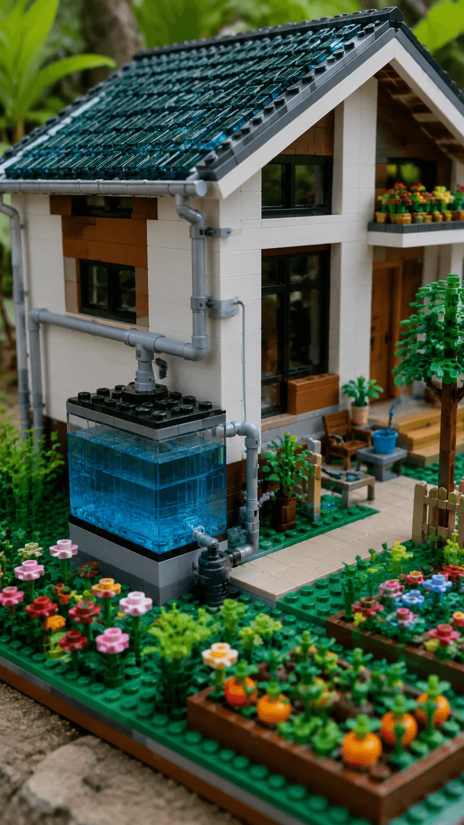 Realistic LEGO rainwater harvesting house with rooftop collection system storage tank pipes vegetable garden flowers and sustainable outdoor landscape design