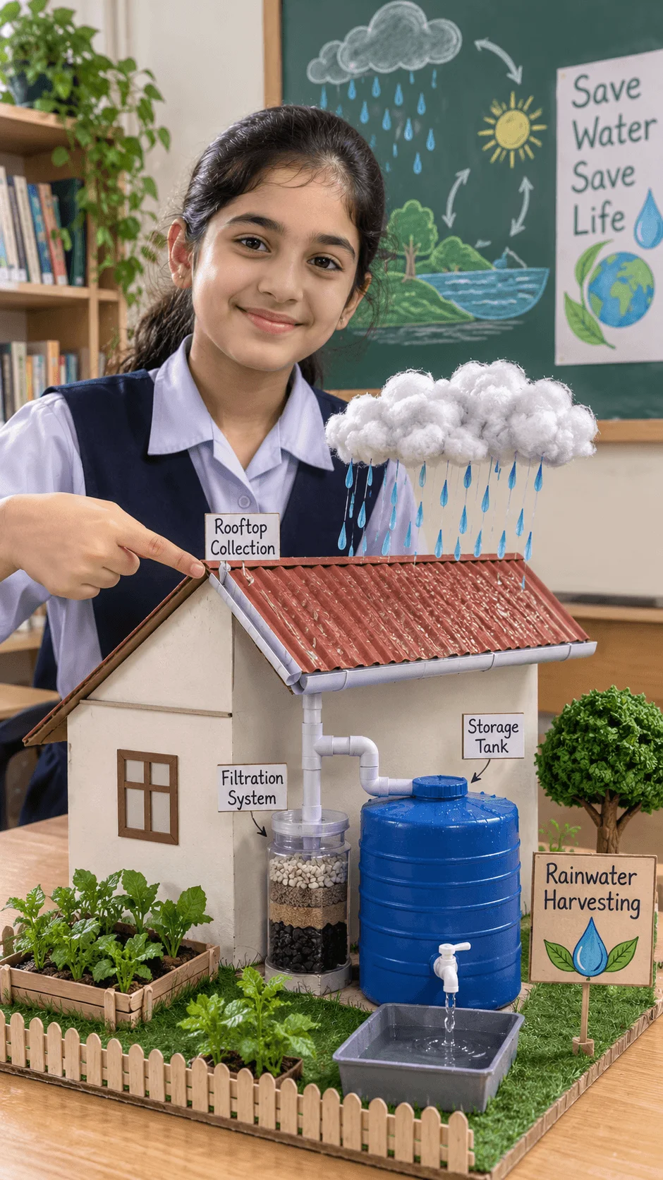 Student presenting a rainwater harvesting model project showing rooftop water collection filtration system and storage tank for sustainability education