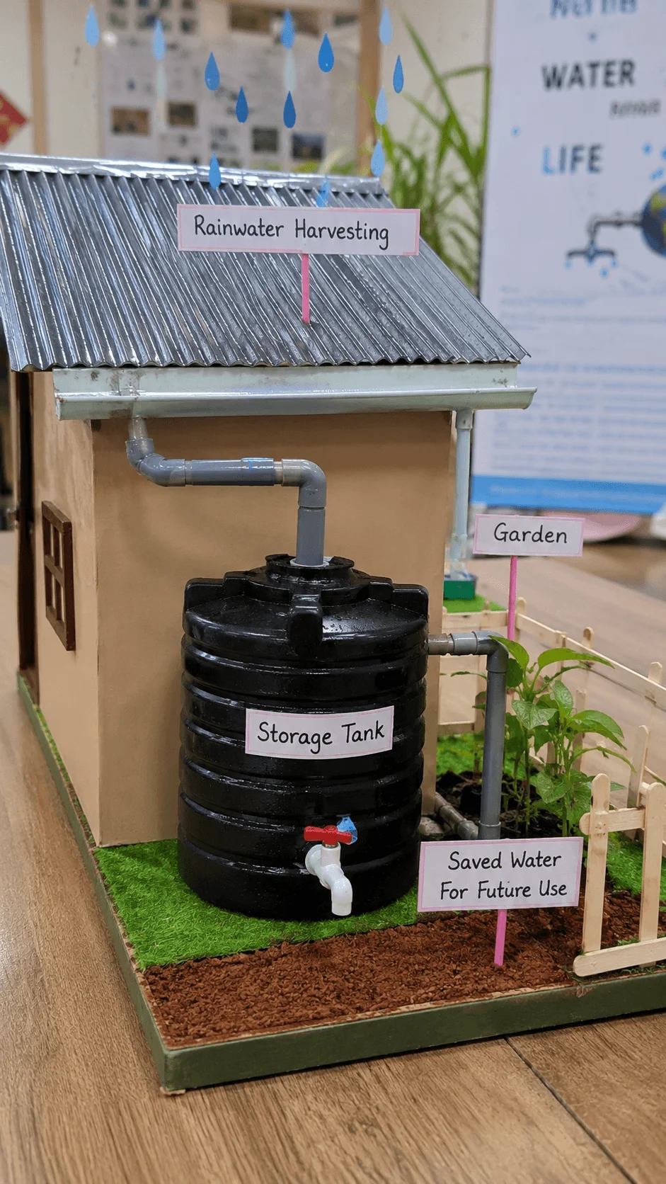 Model of a rainwater harvesting system showing a house roof collecting rainwater through gutters into a storage tank for future use and garden irrigation while demonstrating water conservation and sustainable resource management.