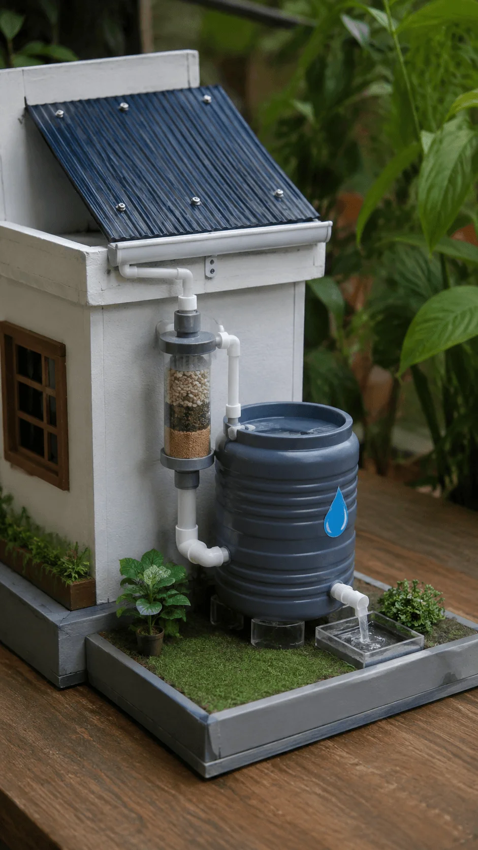 Rainwater harvesting product model demonstrating rooftop rainwater collection filtration storage and water reuse for sustainable water conservation environmental education and student science projects