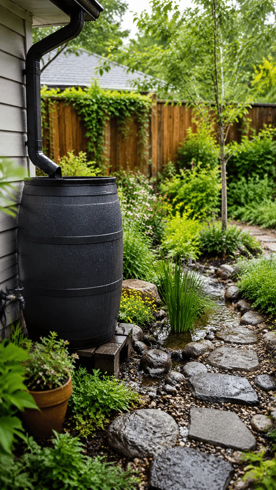 Rainwater harvesting system with collection barrel natural garden stream rocks and lush green plants showing sustainable water conservation in an eco friendly landscape