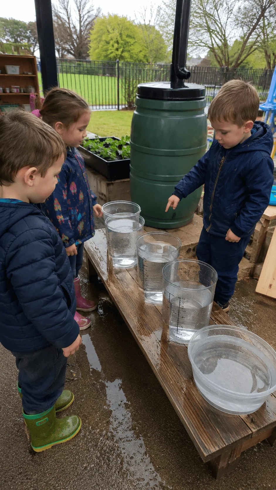 Preschool children comparing rainwater levels in clear measuring containers beside a rain barrel outdoors