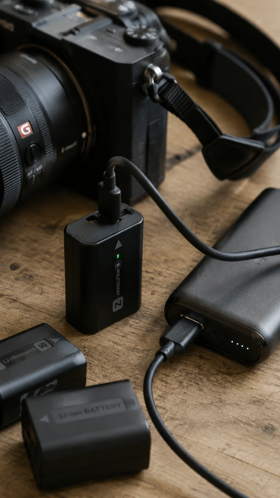Rechargeable USB C camera battery system with mirrorless camera, power bank, charging cable, and spare batteries arranged on a wooden surface for sustainable photography equipment use