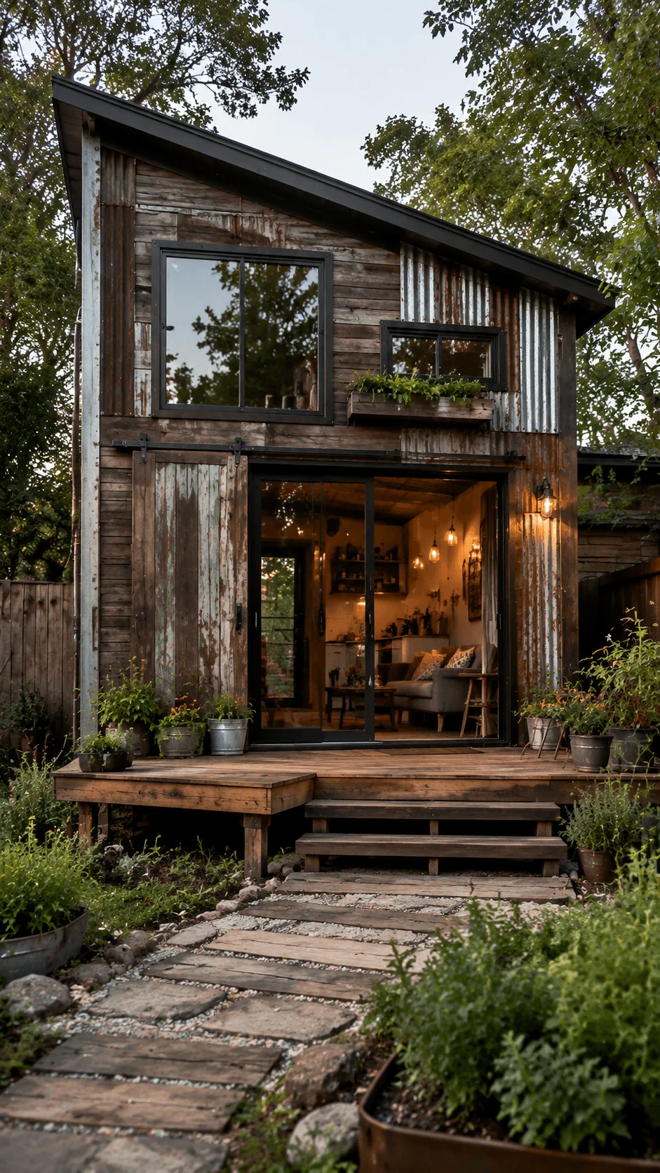 Reclaimed industrial materials used in a sustainable mini house featuring recycled metal wood panels rustic architecture and eco friendly construction design