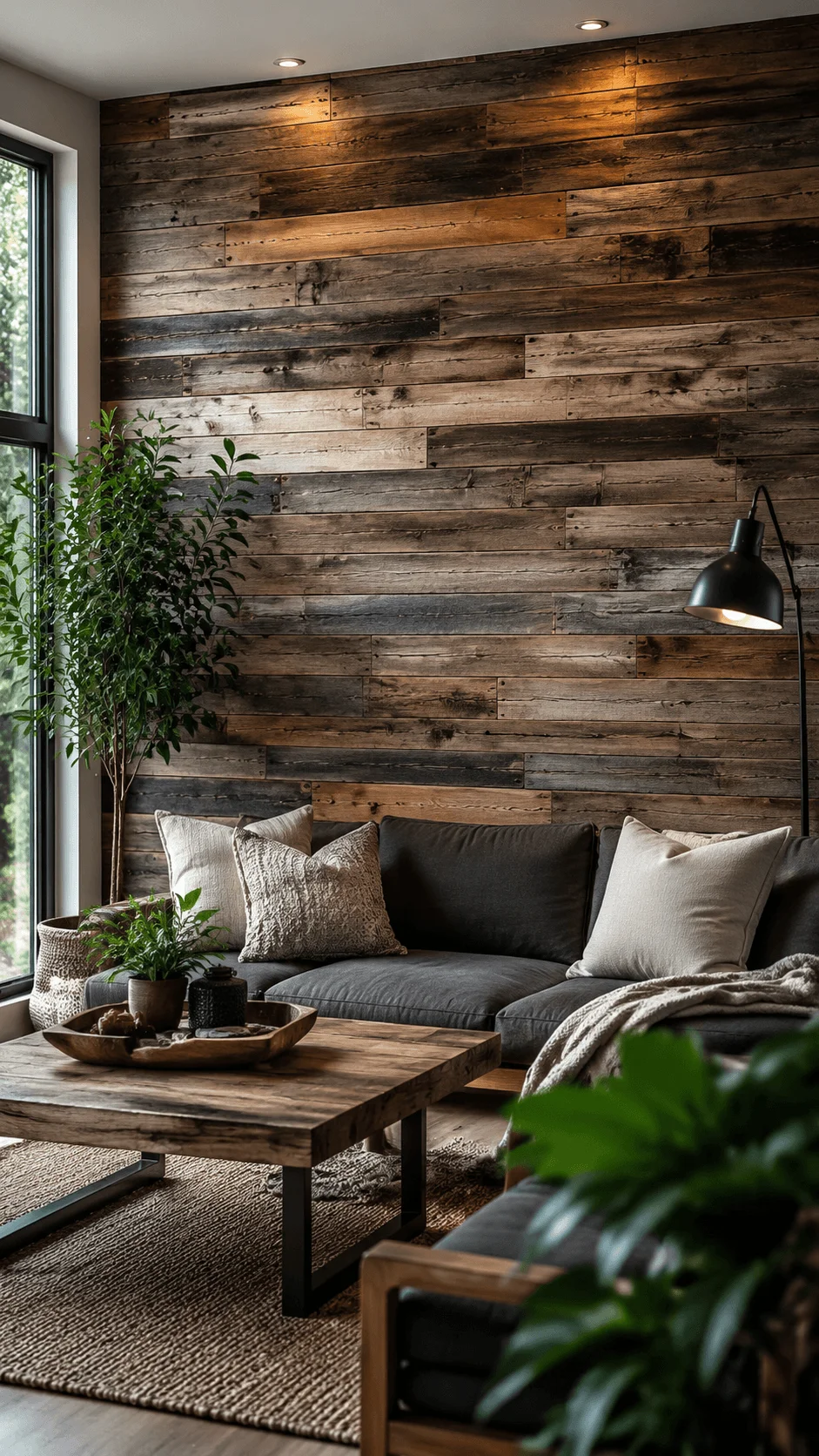 Reclaimed wood feature wall in a sustainable living room with natural timber textures, cozy furniture, indoor plants, warm lighting, and eco friendly interior design elements
