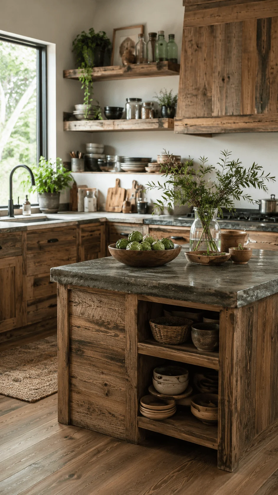 Reclaimed wood kitchen with rustic wooden cabinets, natural stone island countertop, open shelves, handmade ceramics, glass bottles, and greenery creating a warm sustainable natural kitchen design