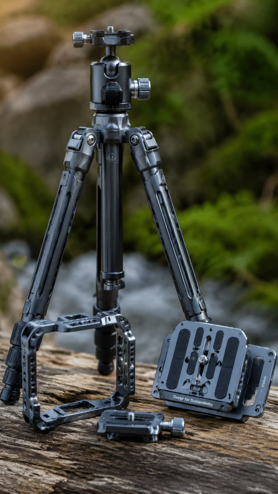 Recycled aluminium camera equipment including a tripod, camera cage, mounting plates, and accessories arranged on a natural outdoor wooden surface with greenery in the background