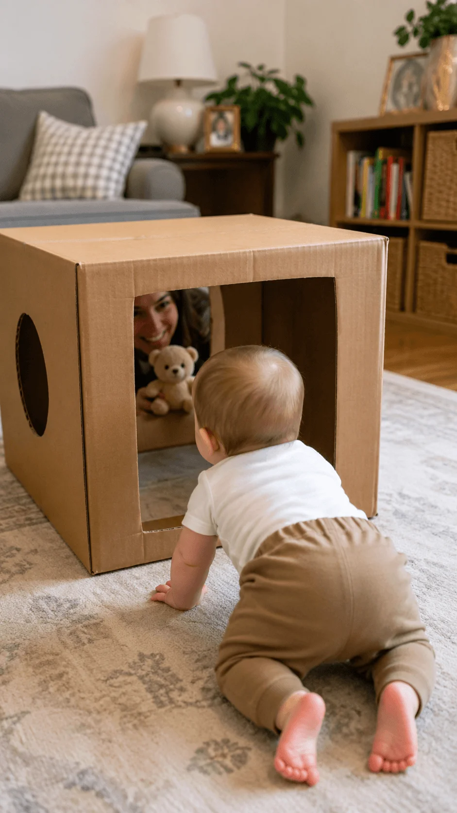 Baby crawling toward a recycled cardboard play tunnel with a parent and teddy bear inside