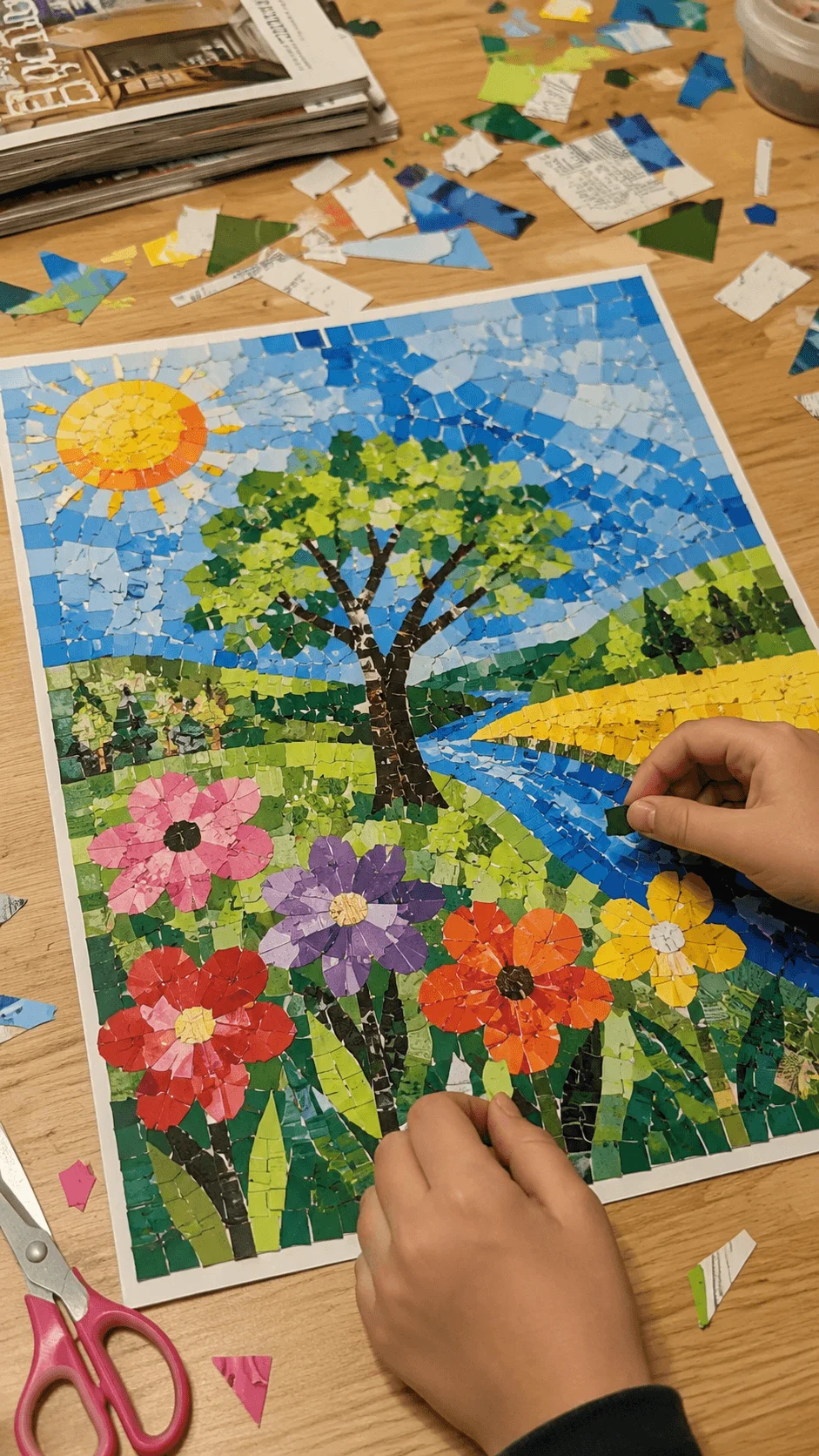 Recycled magazine mosaic art project showing a colorful landscape with flowers trees sunshine and a river created from cut paper pieces while hands assemble the artwork on a table with craft supplies.