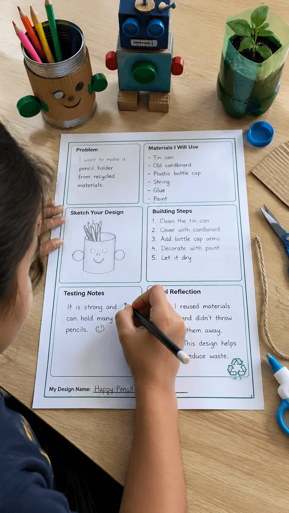 Child completing a recycled material design challenge worksheet with handmade crafts created from reused items including a pencil holder robot and plant pot while planning a creative recycling project on a desk