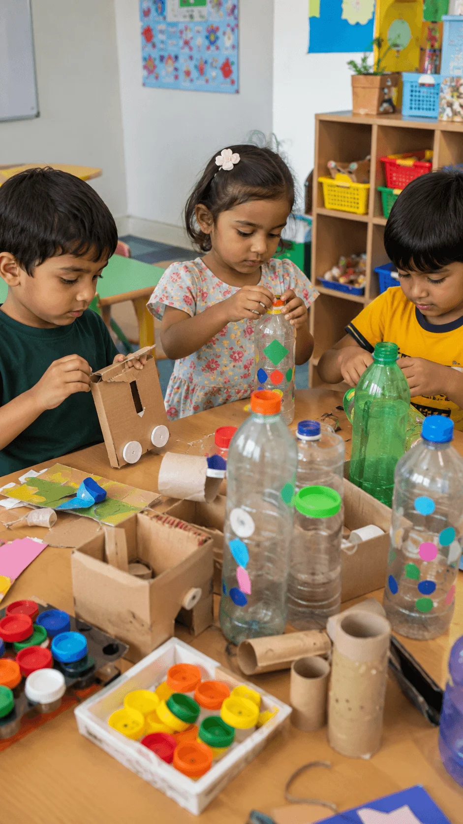 Preschool children creating toys and crafts from recycled cardboard, plastic bottles, bottle caps, and paper rolls at a colorful classroom maker station.
