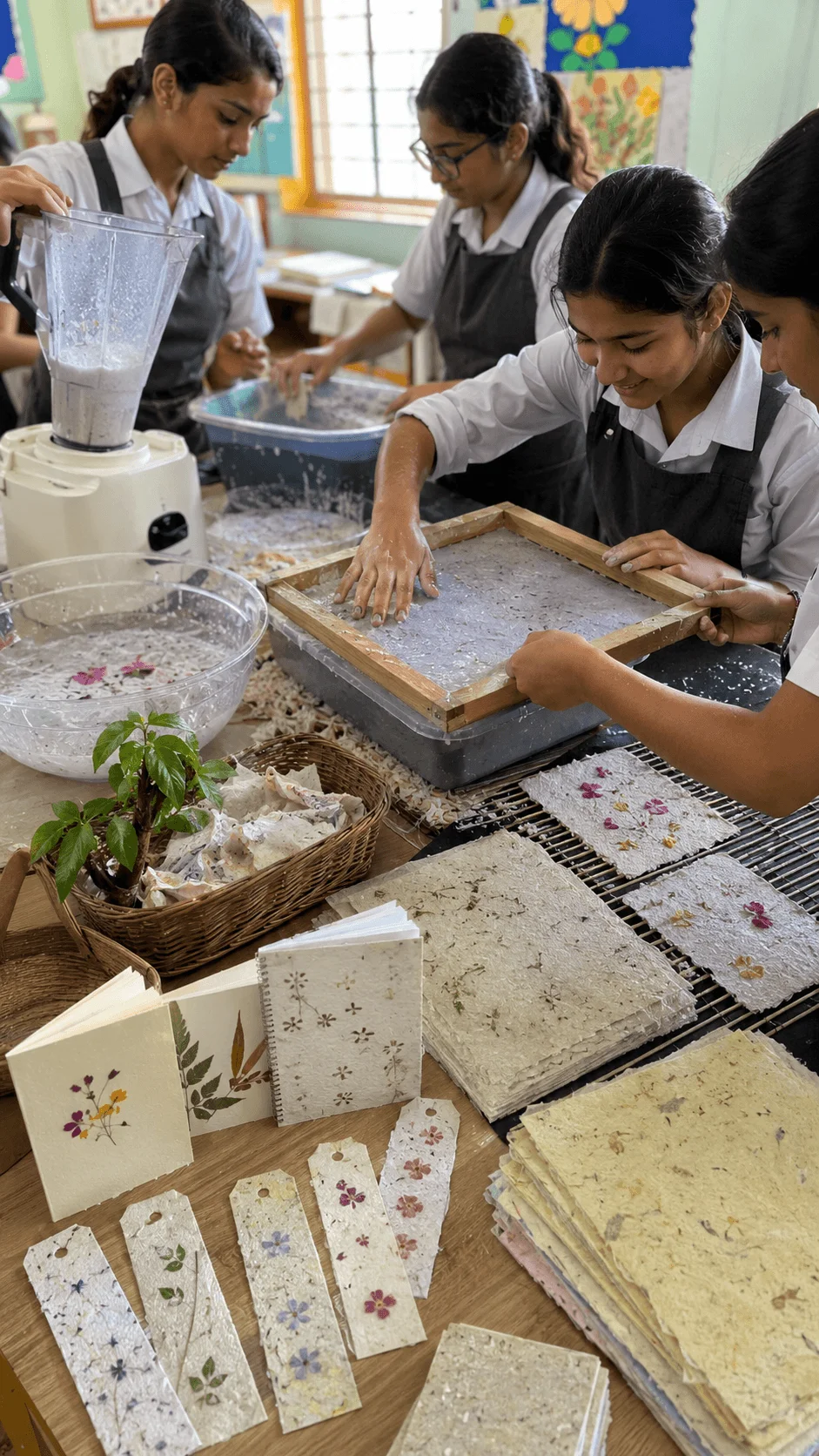 Students making recycled paper by hand using paper pulp wooden frames and flower petals to create eco friendly notebooks bookmarks greeting cards and sustainable craft projects in a classroom