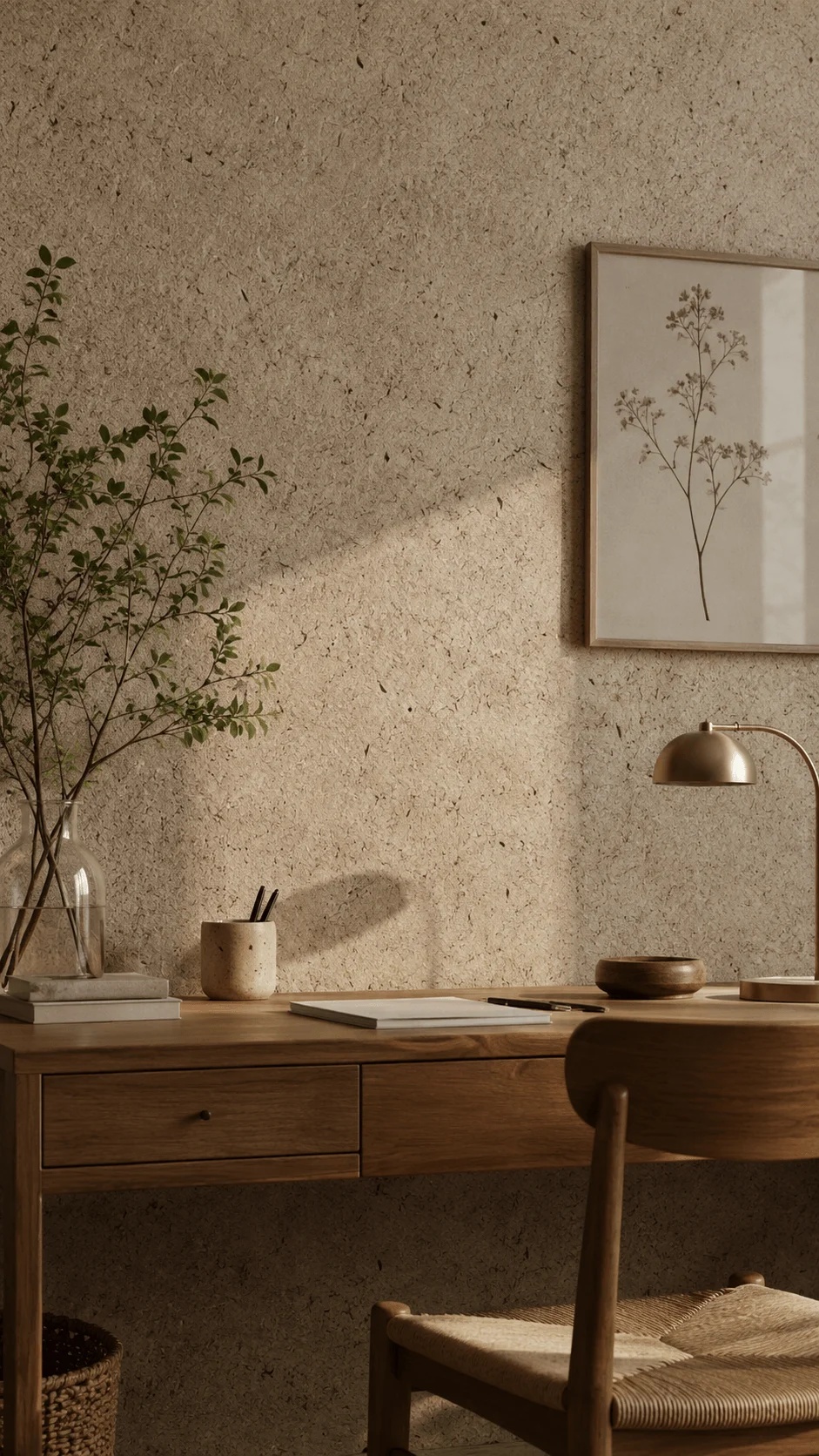 Recycled paper texture wallpaper featuring a natural home office with organic wall texture wooden desk minimalist decor plant and eco conscious interior design elements