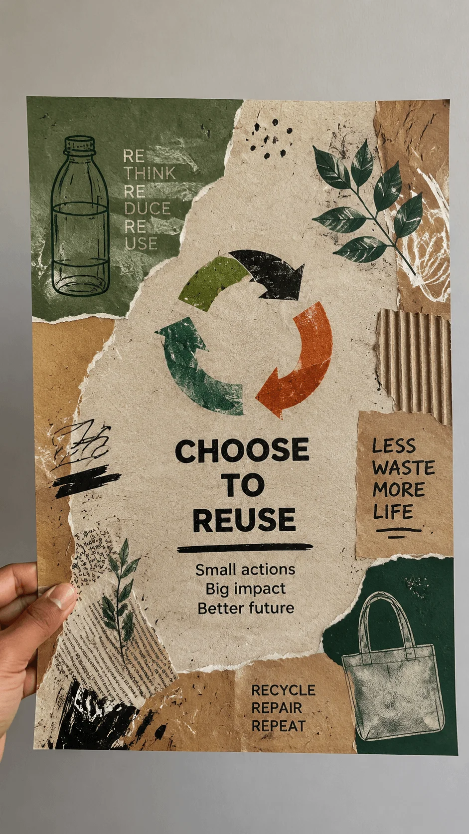 Recycled texture sustainable graphic design poster featuring reuse message with recycling symbol torn paper textures natural elements cardboard materials and eco friendly design concept