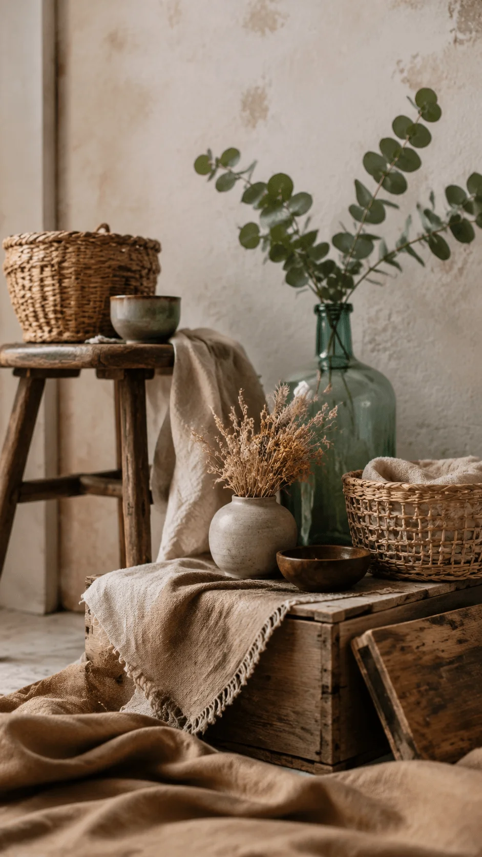 Sustainable interior photography setup featuring recycled handmade props, woven baskets, ceramic vases, natural fabrics, dried plants and rustic wooden textures
