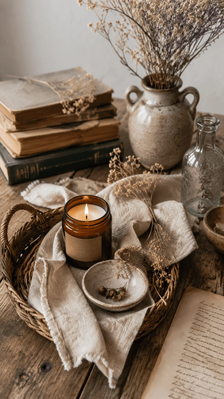 Recycled and vintage props photography featuring a handmade candle, old books, ceramic vase, woven basket, linen fabric, dried flowers, and rustic wooden textures creating a sustainable aesthetic atmosphere