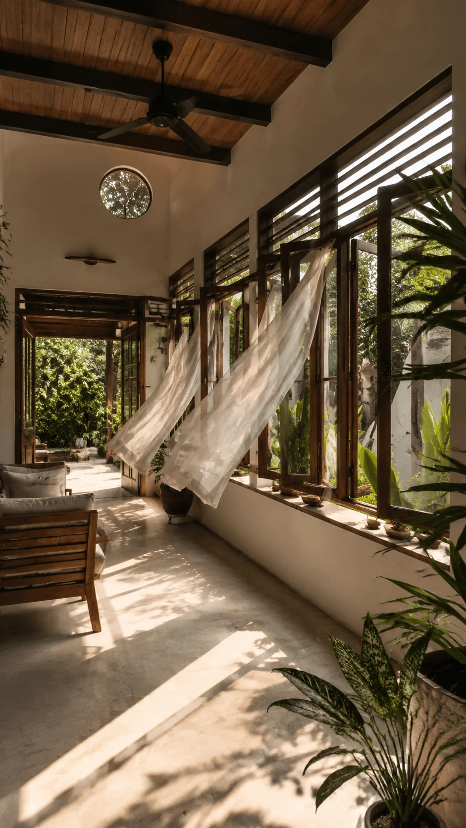 Passive cooling home interior with large open windows natural cross ventilation ceiling fan shaded spaces and abundant greenery for energy efficient comfort