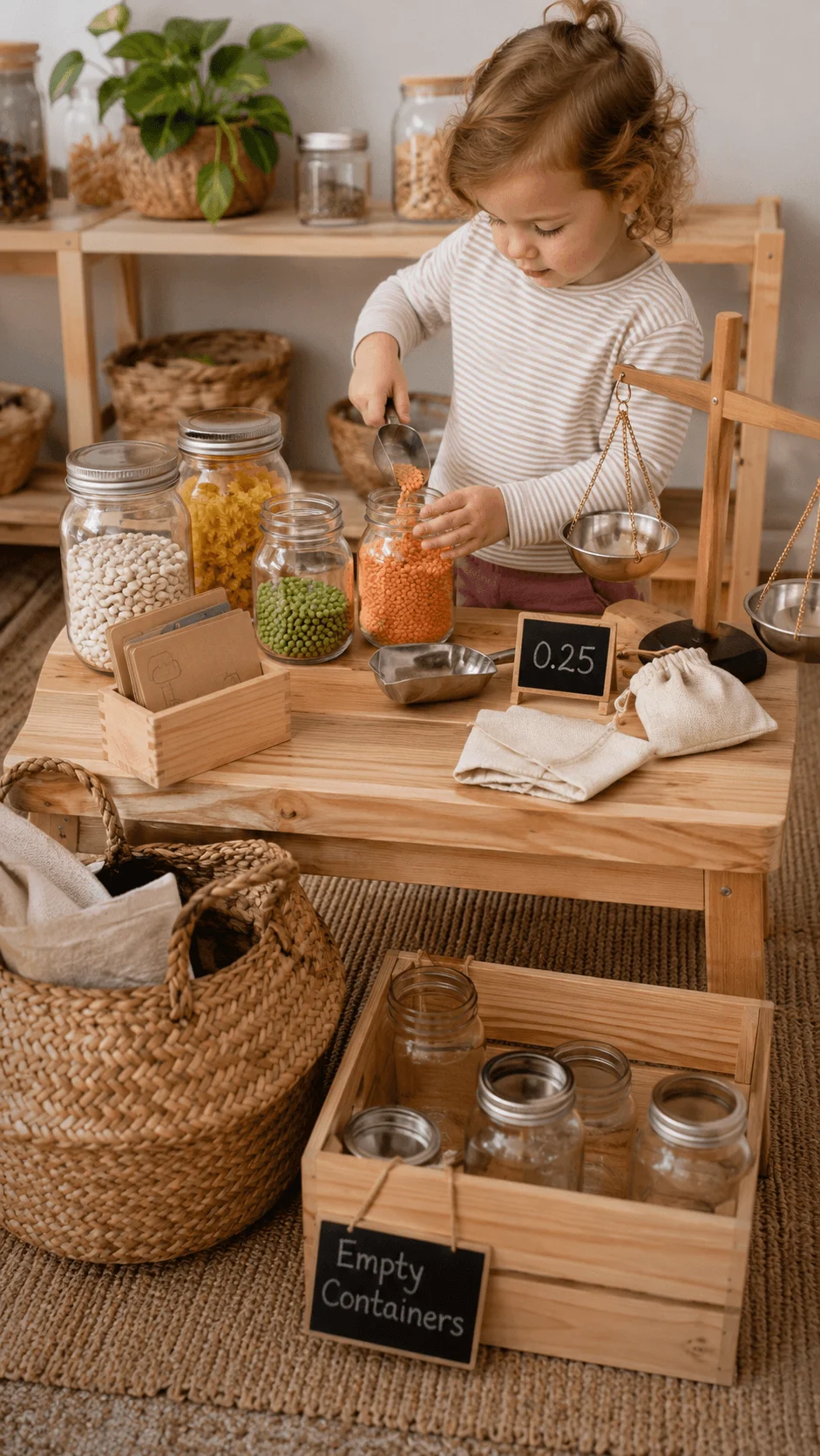 Toddler scooping dry food into reusable glass jars at a pretend refill shop