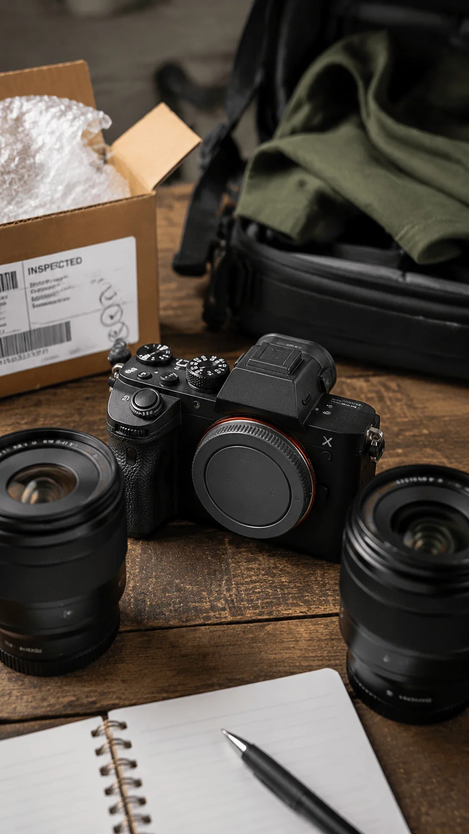 Refurbished mirrorless camera with lenses and photography accessories arranged on a wooden table with inspection packaging and notebook in a professional workspace