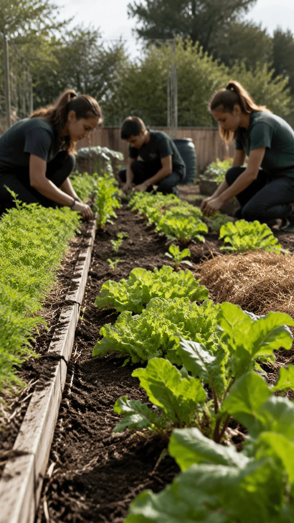 Students working in a regenerative agriculture garden with healthy crops, rich soil, compost mulch, and sustainable farming practices promoting soil health and biodiversity