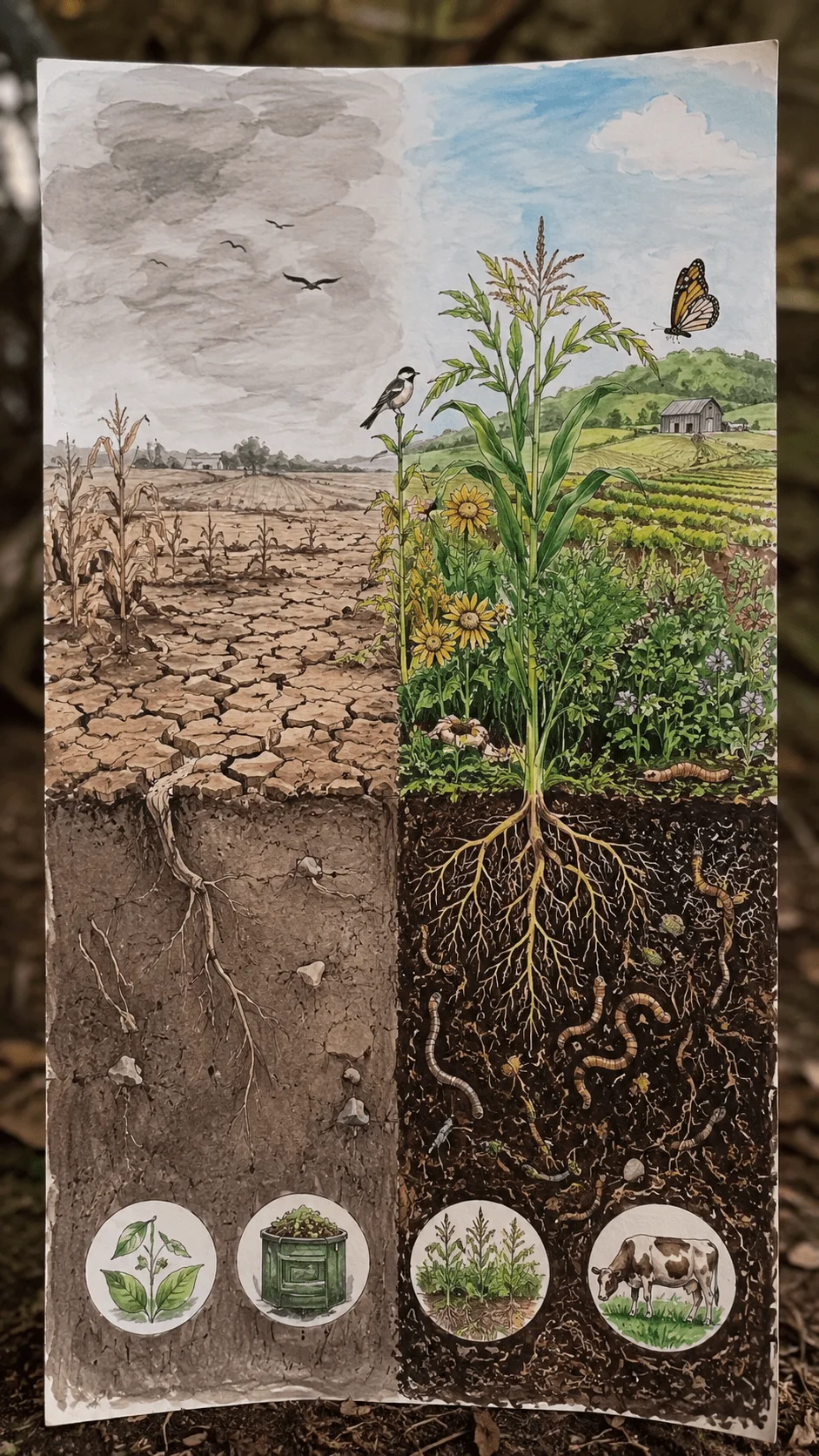 Regenerative agriculture poster showing damaged dry land transforming into healthy green farmland with plants roots earthworms compost biodiversity and sustainable farming practices