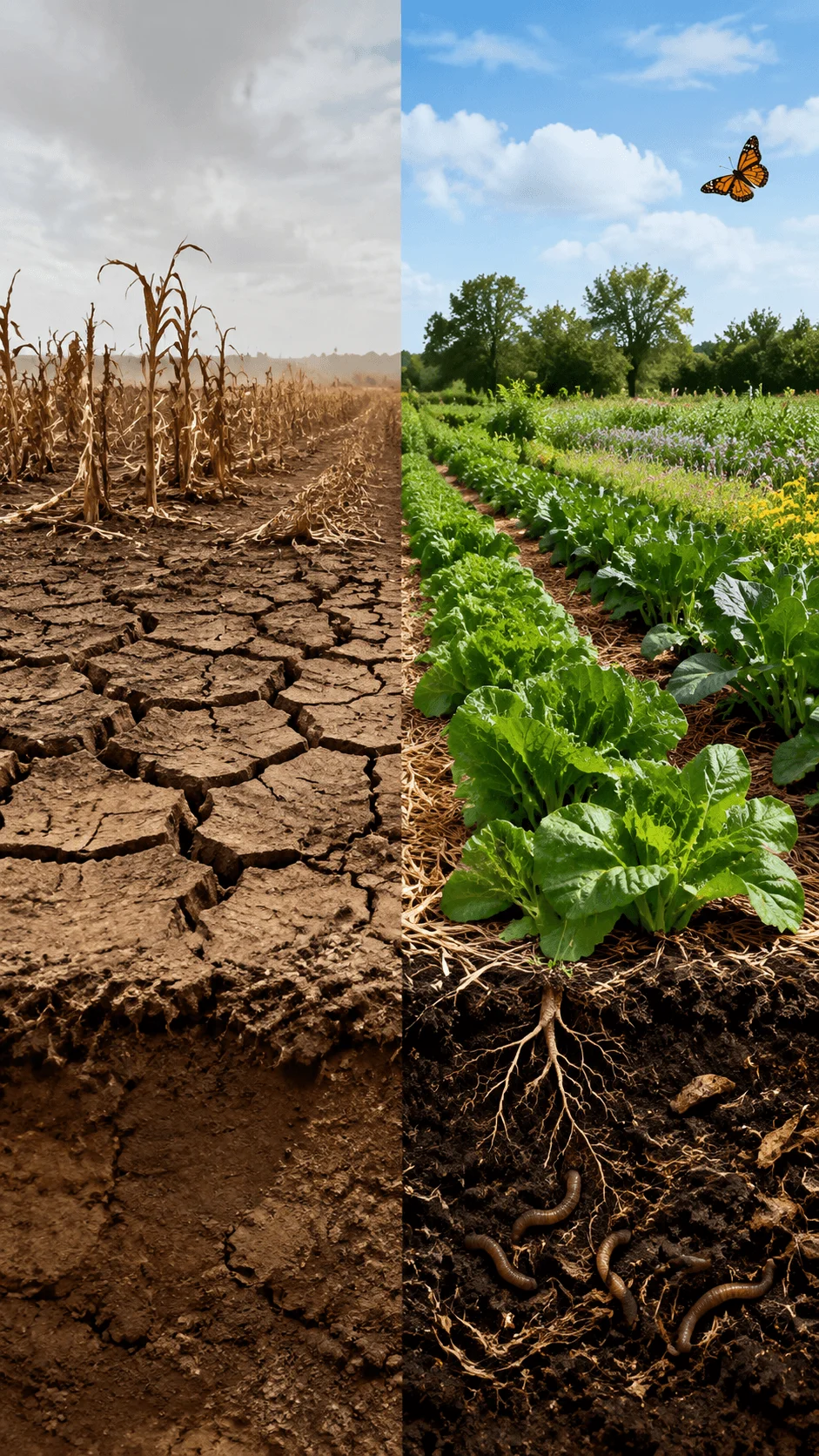 Regenerative agriculture soil restoration image showing a comparison between damaged dry farmland and healthy green crops with rich soil, plant roots, earthworms, and improved ecosystem health