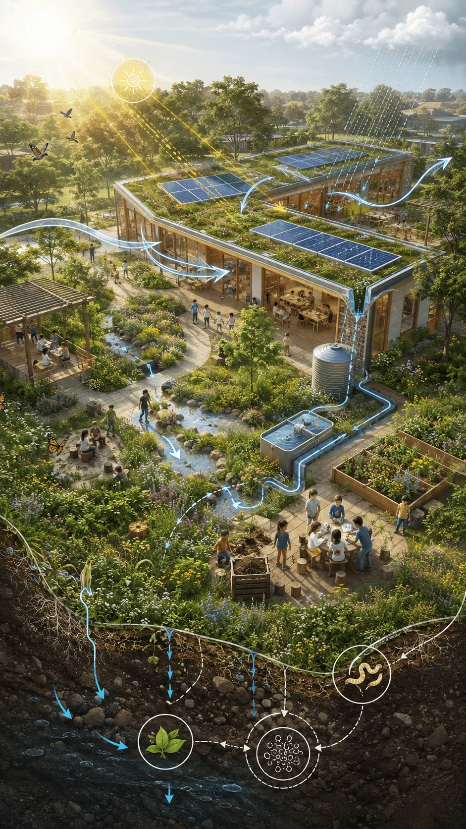 Regenerative architecture diagram showing a living ecosystem with a sustainable building, green roofs, solar panels, rainwater collection, natural landscapes, biodiversity, soil systems, water cycles, and community spaces connected through ecological design principles