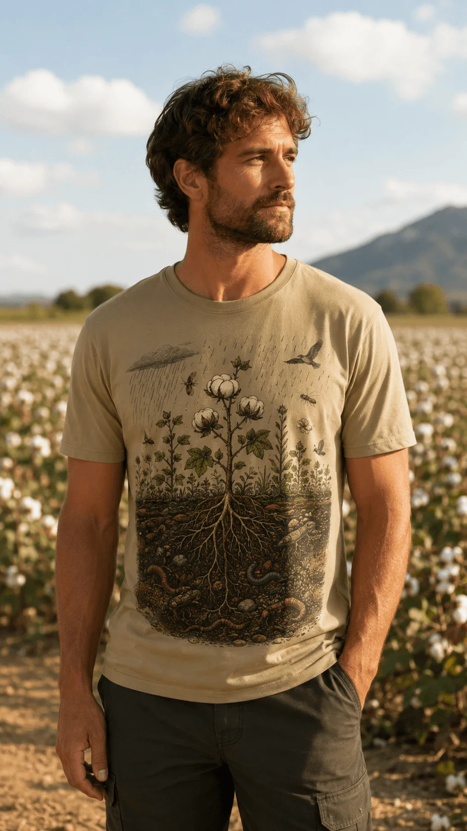 Man wearing a regenerative cotton T shirt with soil roots plants insects and cotton artwork in a cotton field