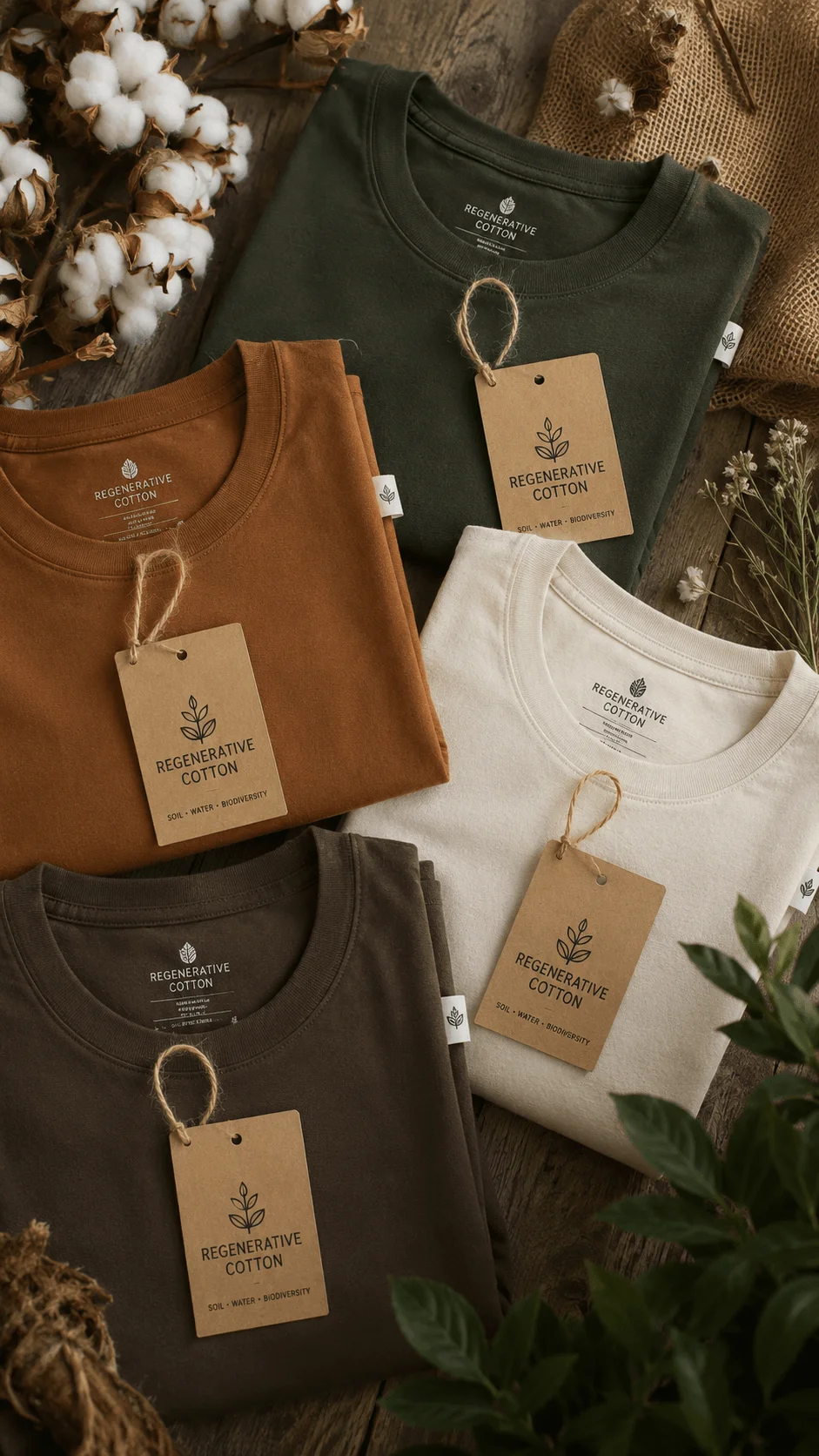 Regenerative cotton T shirt collection in earthy colors with eco friendly tags cotton plants and natural materials