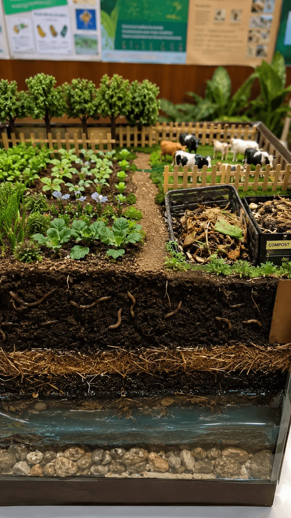 Regenerative farming model showing healthy soil layers with earthworms, compost area, organic crops, livestock grazing, biodiversity, and natural soil restoration practices