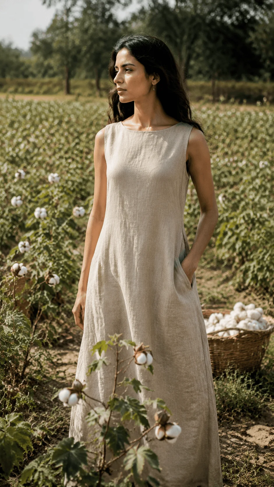 Regenerative fashion design showing a person wearing natural fabric clothing in a cotton field, highlighting sustainable materials, eco friendly agriculture, and nature inspired clothing production