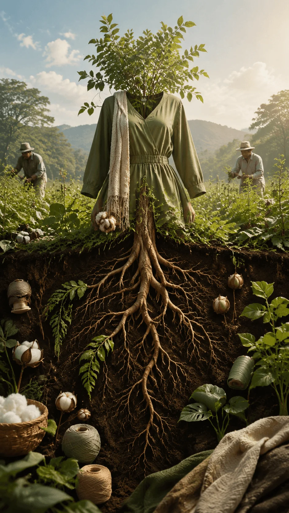 Regenerative fashion poster showing a sustainable green dress growing from tree roots with cotton plants, natural fibers, farmers, and lush farmland representing the connection between fashion, nature restoration, organic materials, and environmental renewal