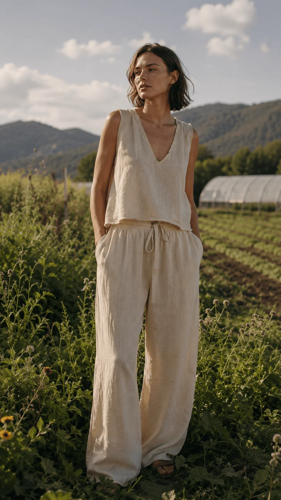 Woman wearing sustainable linen clothing standing in a natural field landscape with mountains and greenery representing regenerative fashion and eco conscious living