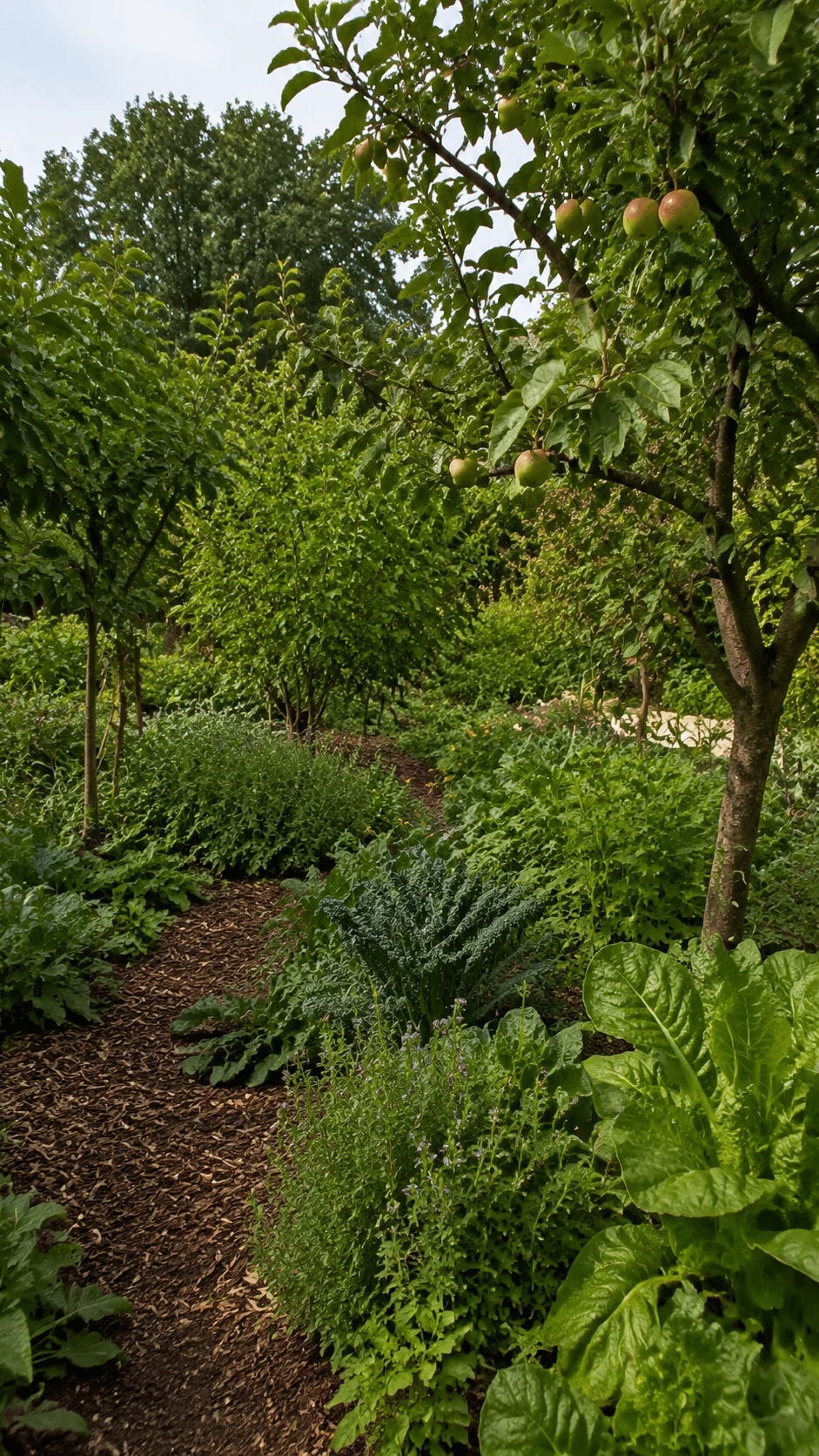 Regenerative food forest backyard system with lush green plants fruit trees vegetable garden and natural pathways creating a sustainable edible ecosystem