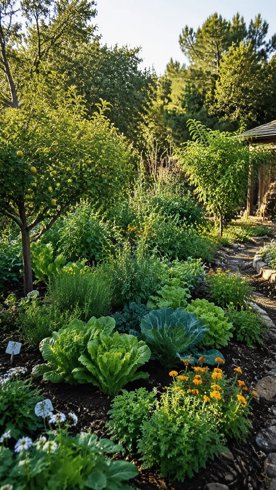 Regenerative food forest garden with diverse vegetables fruit trees herbs and natural plants creating a sustainable ecosystem for long term food independence