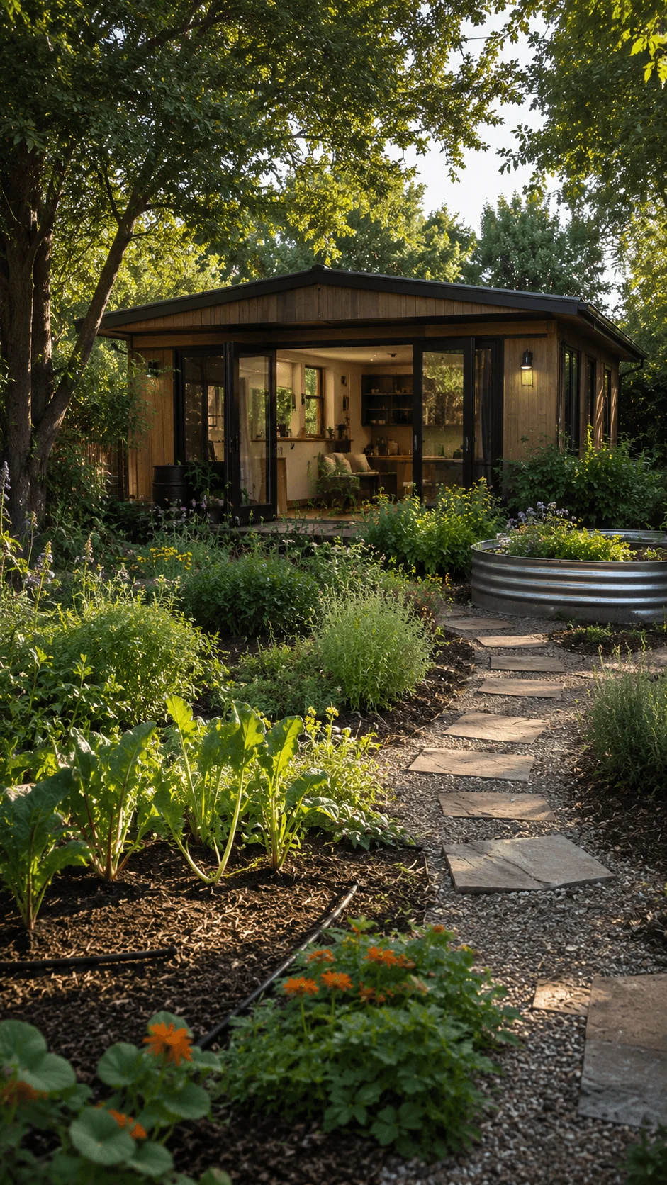 Regenerative garden ADU surrounded by edible gardens native plants raised garden beds rainwater collection natural landscaping biodiversity friendly design and sustainable eco friendly backyard living
