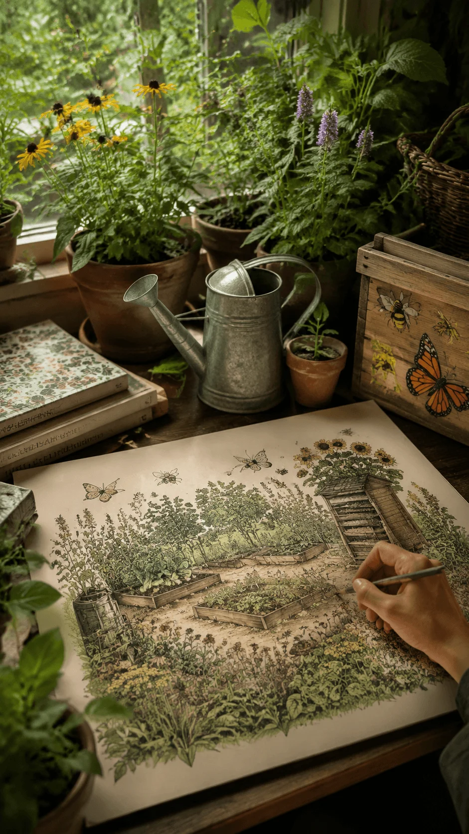 Regenerative garden aesthetic featuring a detailed garden illustration with plants flowers butterflies gardening tools and natural elements surrounded by lush greenery representing biodiversity and ecological restoration