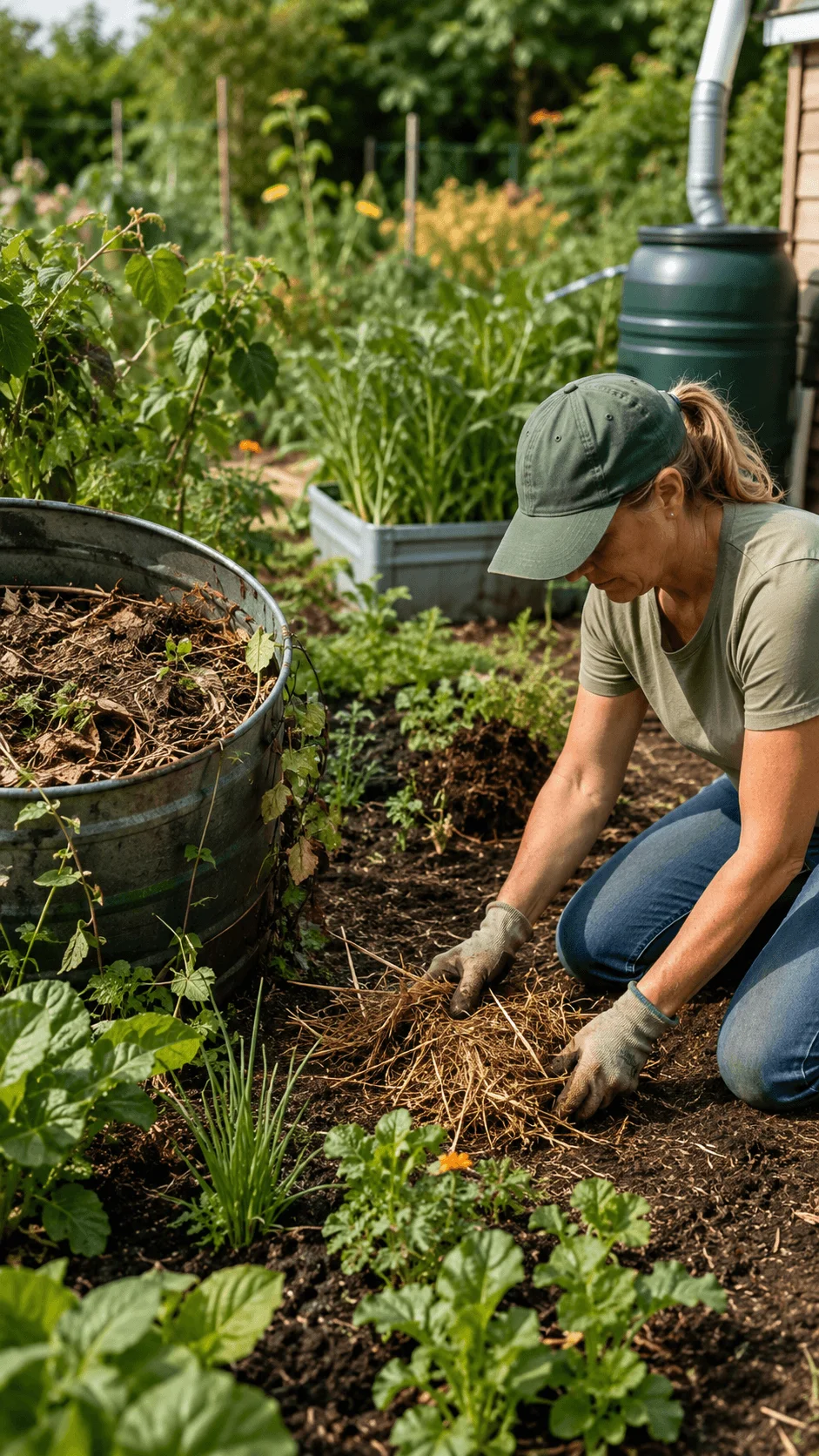 Woman applying mulch in a regenerative garden beside compost and a rainwater collection barrel