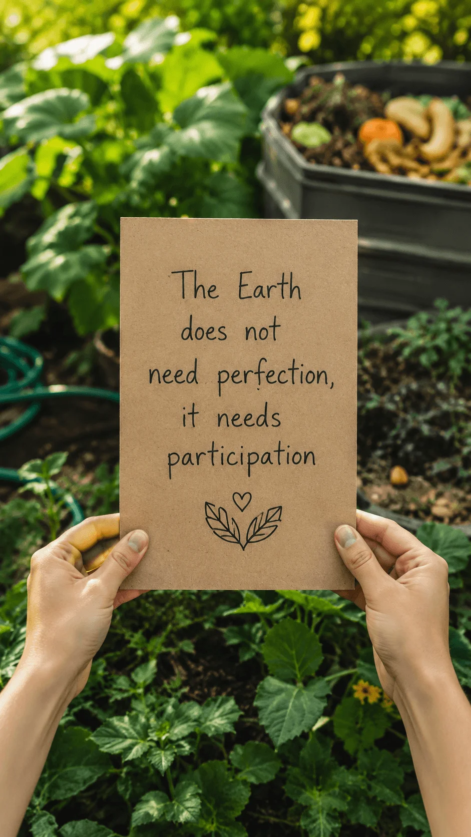 Regenerative living quote card held in hands with sustainable message surrounded by green plants garden and composting elements
