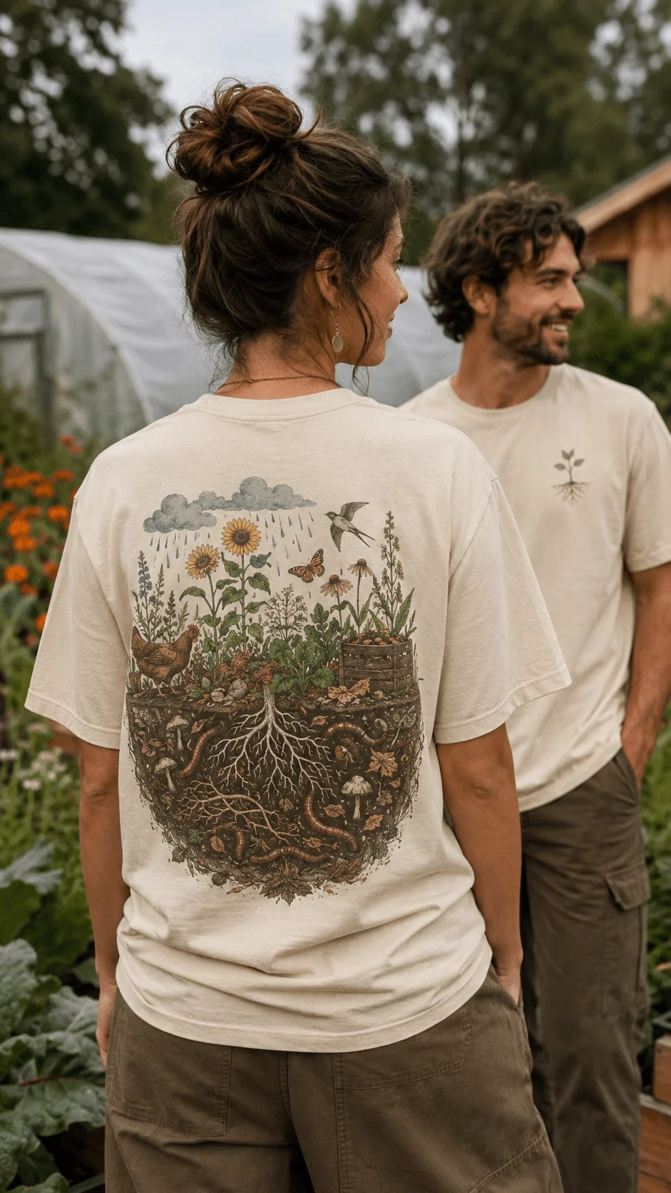 Regenerative nature illustration on sustainable T shirt featuring healthy soil roots wildflowers pollinators earthworms and thriving garden ecosystem