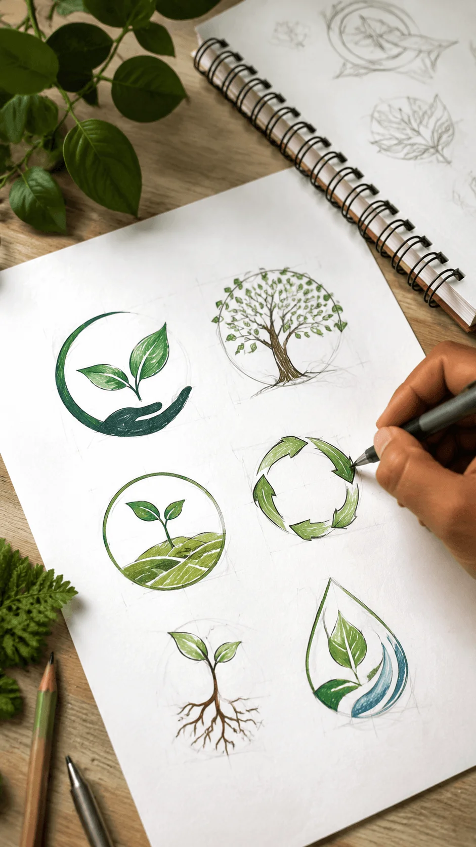 Regenerative nature inspired logo design sketches featuring leaves, trees, recycling symbols and eco friendly branding concepts on a sketchbook with a hand drawing sustainable ideas