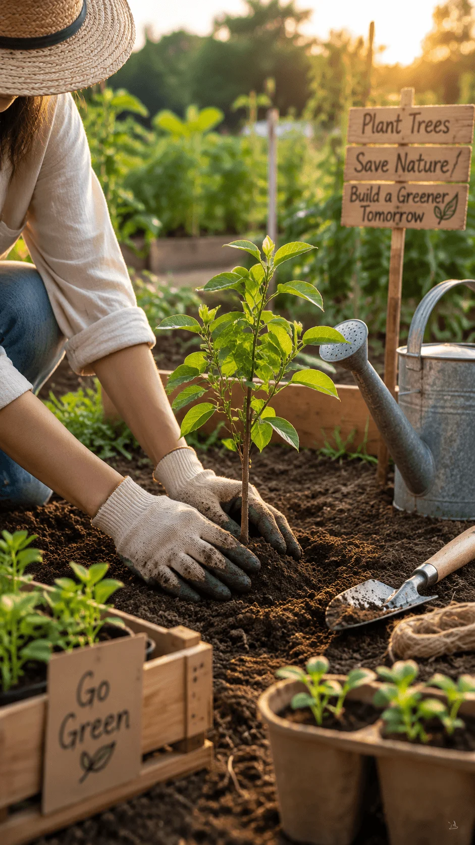Regenerative nature storytelling photography featuring a person planting a young tree in a garden with gardening tools, fresh soil, green plants, and sustainable environmental elements creating a connection between humans and nature