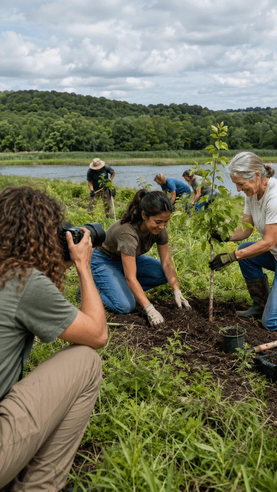 Photographer documenting a community tree planting project with volunteers restoring nature near a river and green landscape