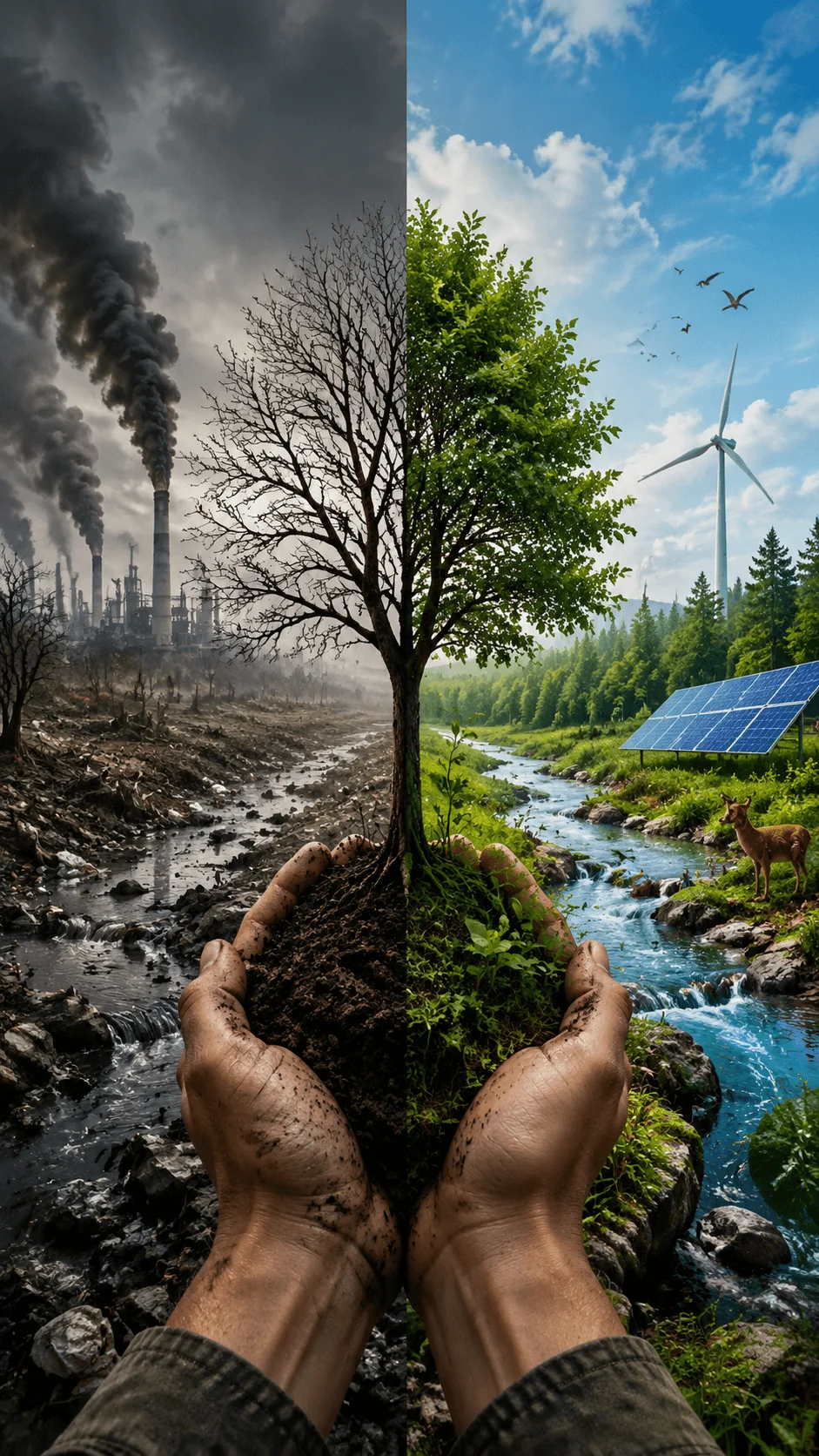 Regenerative sustainability poster showing a split scene of environmental destruction and restoration with polluted industrial land transforming into a green ecosystem with trees, clean water, solar panels, wind turbines, wildlife, and hands protecting the planet