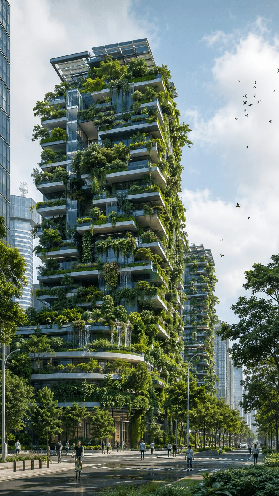 Regenerative vertical forest building with lush greenery covering balconies and terraces in a modern sustainable city environment