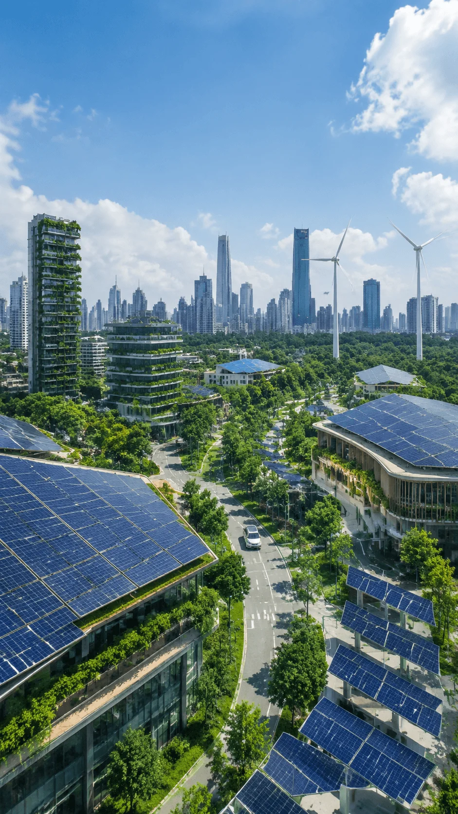 Renewable energy city with solar powered buildings wind turbines green architecture tree lined streets and modern sustainable urban infrastructure generating clean energy under a bright blue sky