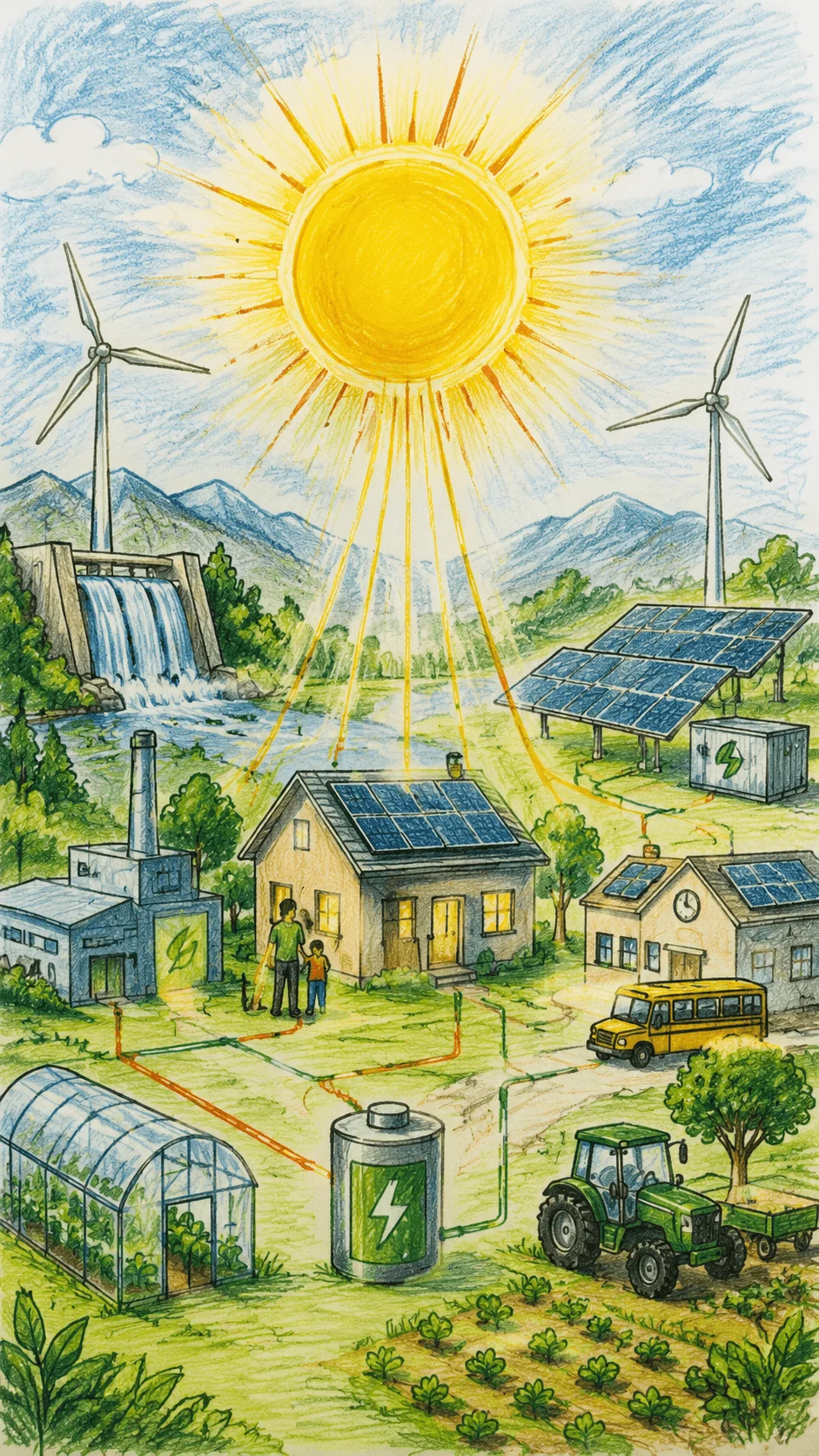 Renewable energy front page design showing solar panels, wind turbines, hydropower, green landscapes, clean electricity systems, sustainable homes, agriculture, and communities powered by clean energy from the sun