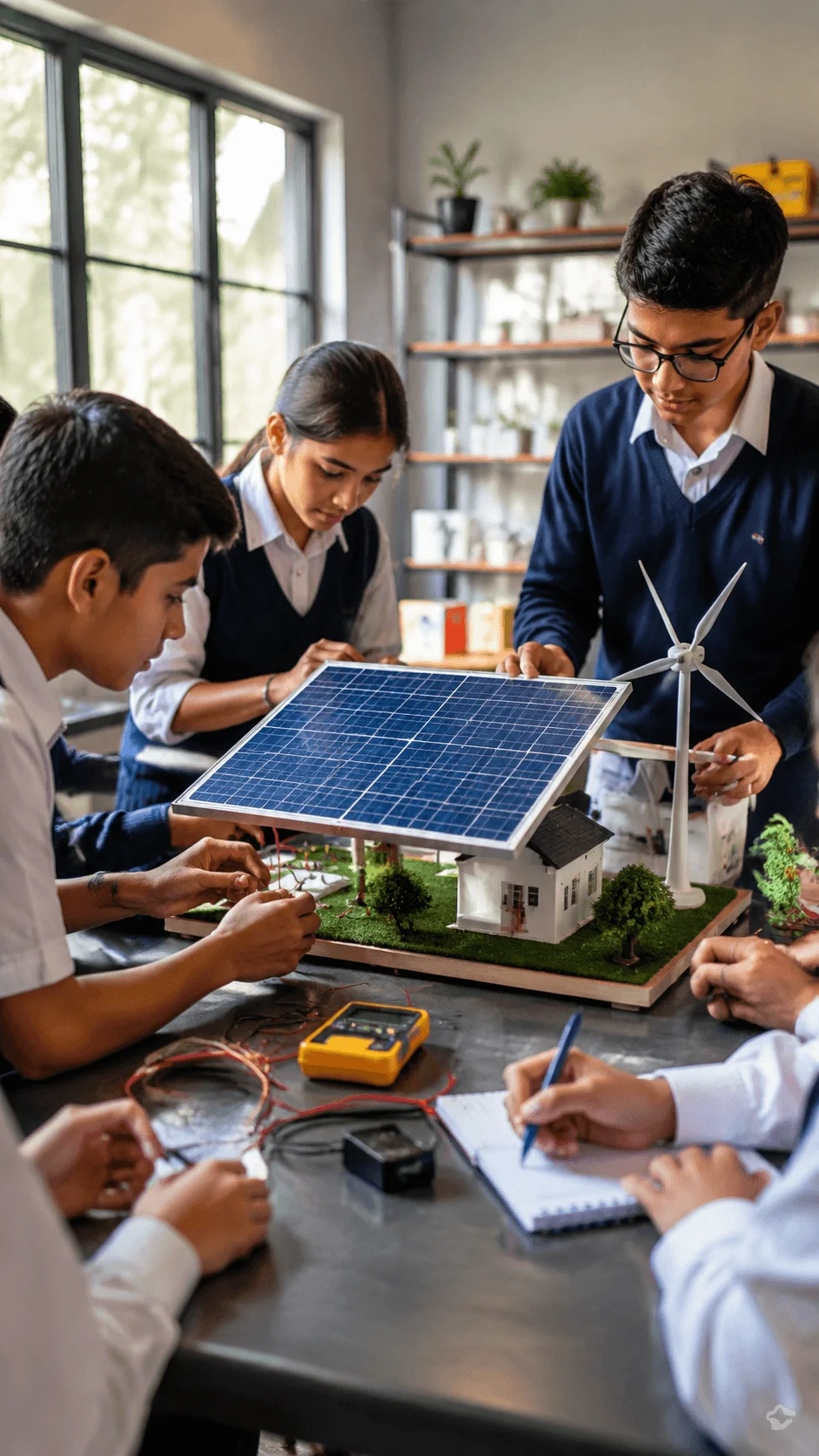 Students creating a renewable energy innovation project with solar panels, wind turbine model, and clean energy technology experiments in a school laboratory