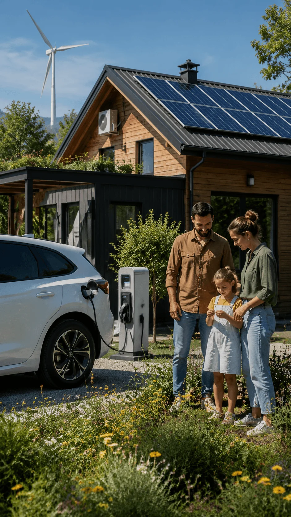 Renewable energy lifestyle photography featuring a sustainable home with solar panels, electric vehicle charging, wind turbine, family enjoying an eco friendly environment, and clean energy solutions.